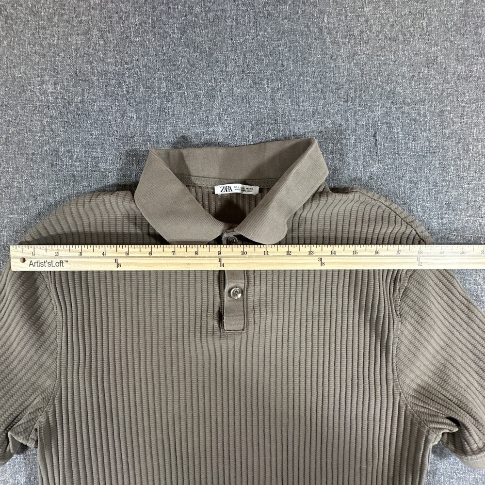 ZARA Ribbed Polo Shirt Mens L Tan Brown Knit Textured Short Sleeve - Picture 4 of 6